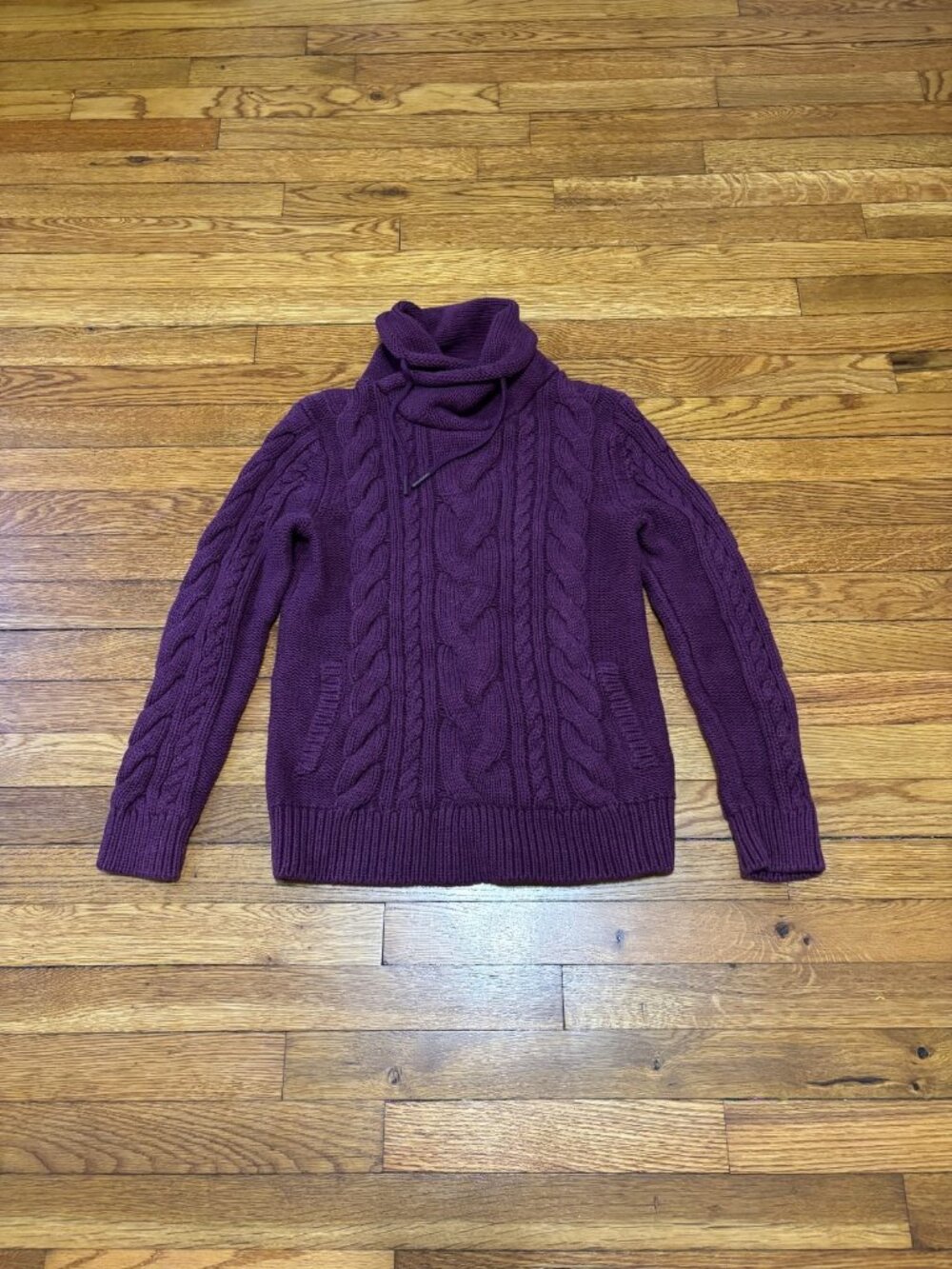 LL Bean Womens Cable Knit Sweater Cowl Neck Heavy Purple Cotton SZ Small Pocket